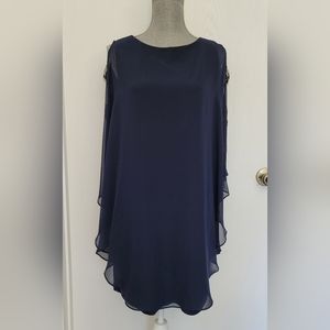 XSCAPE Womens Navy Blue Sheath Dress Size 6 Cape Overlay Boat Neck Short Party